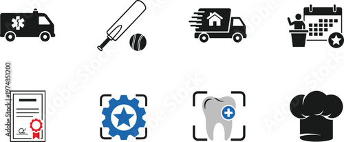 Business, Sports, Medical, and Culinary Icon Set with Ambulance, Baseball Bat and Ball, Delivery Truck, Calendar, Certificate, Badge, Dental Care, and Chef Hat Symbols for Vector Designs