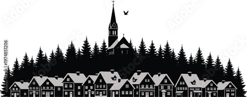 Silhouette illustration of rural village houses, pine forest trees, church steeple with cross, flying bird, peaceful countryside townscape, black and white artwork
