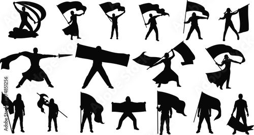 Silhouette people waving and holding flags in multiple dynamic poses representing unity, protest, celebration, demonstration, and symbolic expressive movement illustration