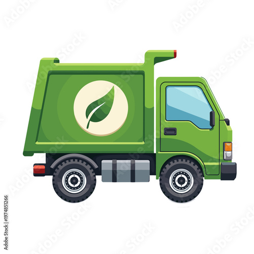 A green garbage truck features a white leaf logo on its side. This flat illustration represents eco-friendly waste management, on a transparent background with copy space.