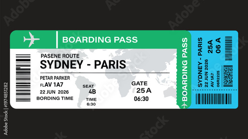 boarding pass from sydney to paris flight travel ticket vector illustration