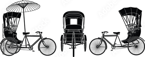 Detailed set of cycle rickshaw silhouettes featuring traditional Asian transport designs with umbrellas and hoods isolated on white background for tourism and travel themes.