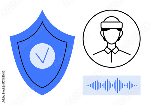 Biometric security. Shield with checkmark, facial recognition icon, and voice authentication graphic biometric security. For technology, cybersecurity, personal data protection, innovation