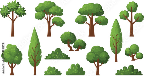 Flat vector illustration collection of various green trees and bushes including oaks, pines, and shrubs isolated on a white background for landscape design projects.