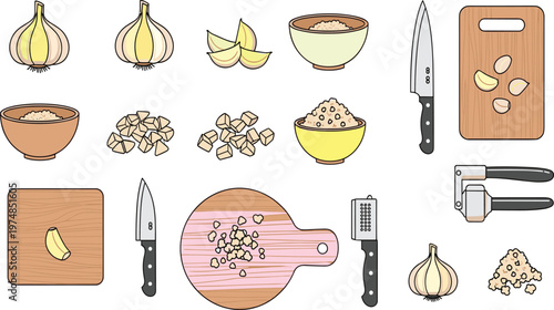 Garlic Food Preparation Icon Set Featuring Whole Bulbs Cloves Minced Pieces Cutting Boards Knives and Press Tools for Cooking Culinary Recipes and Kitchen Design