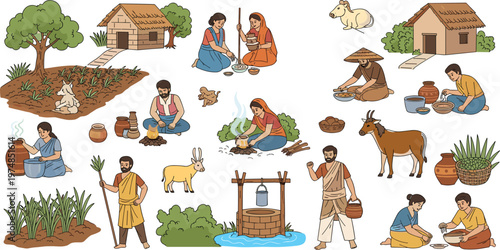 Ancient Village Life Vector Icon Set Featuring Primitive People Farming Cooking Over Fire Drawing Water From Wells and Raising Livestock in Traditional Huts
