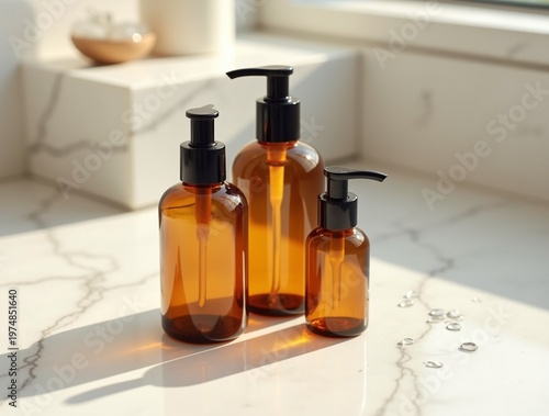 A set of sleek amber glass cosmetic bottles without labels, arranged on a white marble bathroom vanity, soft natural light