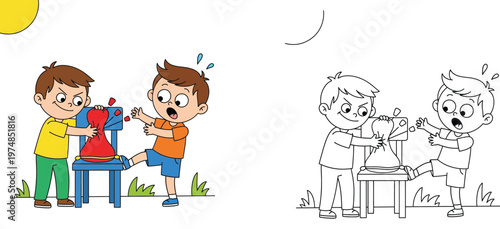 Mischievous boy popping a red bag to scare his shocked friend. Color vector illustration and black and white outline for kids coloring book.