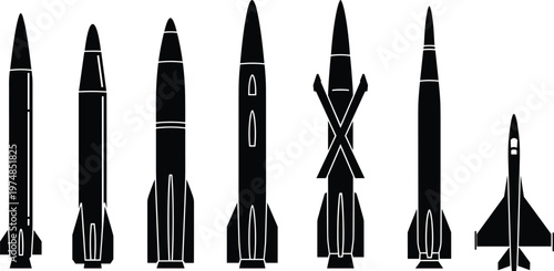 Six black rocket and missile silhouettes with varied designs isolated on white background, aerospace illustration representing technology, defense, engineering, and space exploration concepts