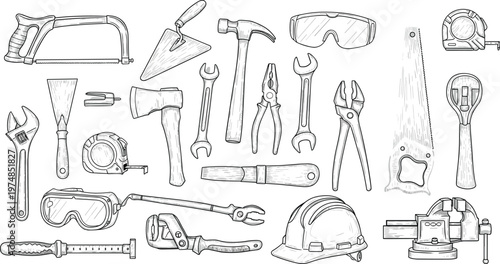 Hand drawn sketch collection of construction tools featuring hammer saw wrench pliers helmet and safety goggles isolated on a white background for industrial projects.
