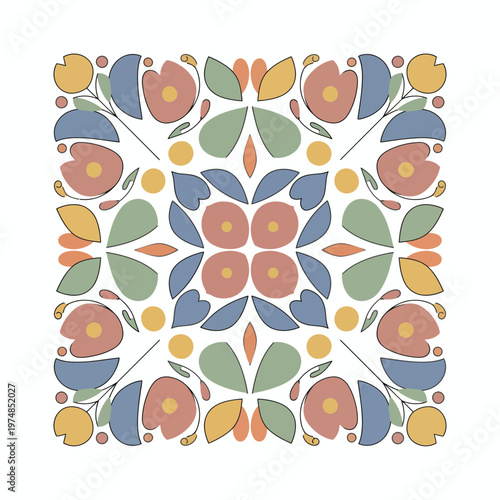 Geometric Floral Pattern with Colored Leaves and Flowers