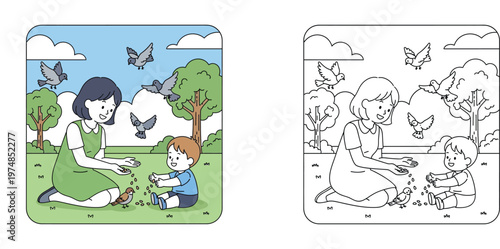 Mother and Child Feeding Birds in the Park Vector Illustration Set with Colored and Line Art Versions for Kids Coloring Activity Page Educational Concept