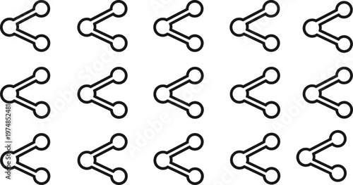 Sixteen identical share network icons arranged in a grid isolated on white background, abstract connectivity illustration symbolizing communication, structure, and digital technology design