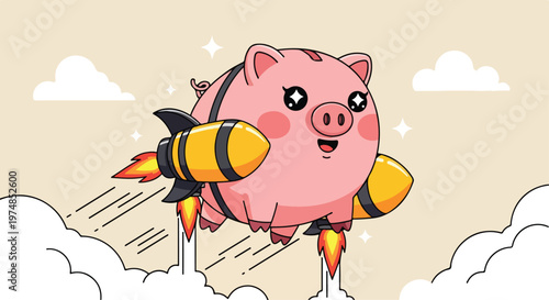 Cute cartoon piggy bank with rocket boosters flying through clouds with bright stars in the sky