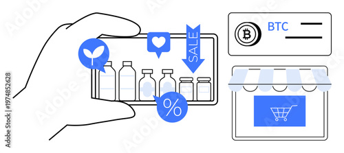 E-commerce, cryptocurrency transactions, digital marketing, retail shopping, mobile payments, online store browsing. Hand holding a device with product icons and store payment highlights. E-commerce