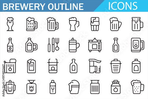 Beer and brewery icons collection clean line vector editable stroke set