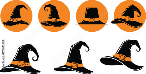 Stylized witch and wizard hats with orange bands and gold buckles isolated on white background, Halloween costume illustration for fantasy, holiday, and design projects