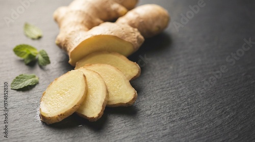 Fresh Ginger Root and Sliced Ginger on Dark Stone Background with Mint Leaves, Natural Herbal Ingredient for Healthy Cooking, Detox, Immunity and Organic Wellness Concept