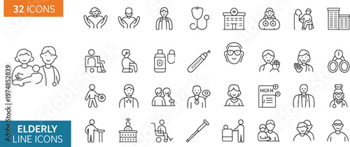 Elderly care line icons set, senior healthcare symbols collection, medical support illustrations, nursing home and rehabilitation editable stroke vector icons