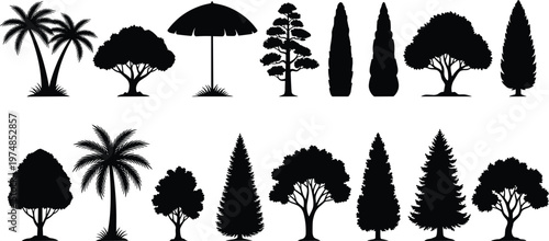 Vector Set of Black Tree Silhouettes Featuring Palm Trees Cypress Conifers and Tropical Beach Umbrella Elements Isolated on White Background for Professional Landscape Design Projects