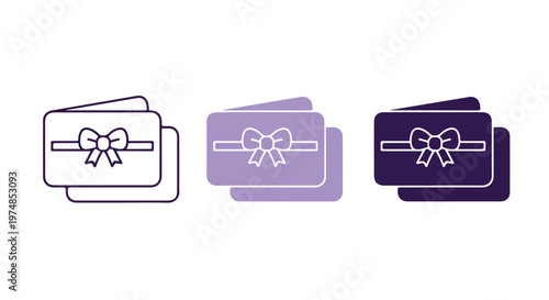 Set of three stylized gift cards with bows, presented in outline, solid purple, and solid dark blue color variations