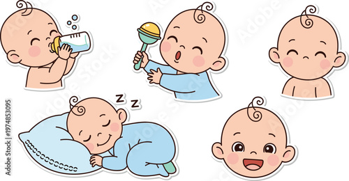 Baby Activities Vector Set, Drinking Milk, Playing with Rattle, Sleeping, and Smiling Babies, Cute Emotions, Infant Care, and Parenting Icons for Nursery and Childhood Designs