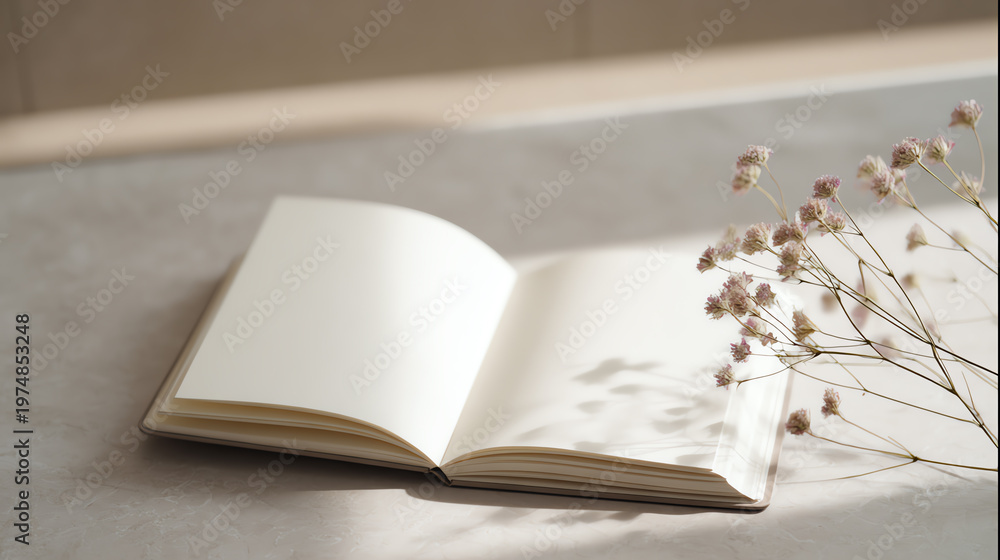 Fototapeta premium An open book lies on a smooth surface, accompanied by delicate dried flowers, creating a serene and inviting atmosphere.