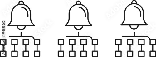 Three bell notification icons above hierarchical network diagrams isolated on white background, abstract alert system illustration symbolizing communication, structure,