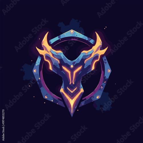 intricate cyberpunk clan emblem badge Symmetrical, sharp, angular metallic shapes overlapping glowing orange neon accents Flat vector, dark background No text