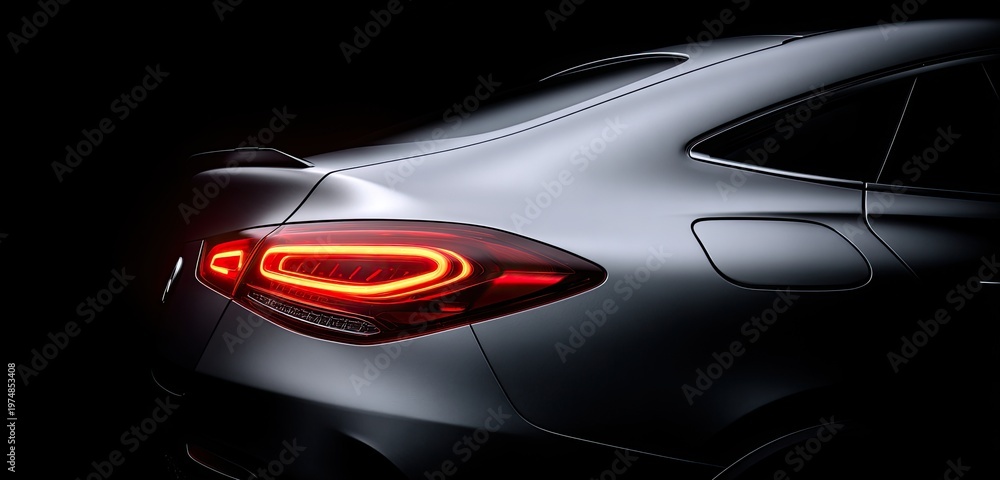 Fototapeta premium Sleek silver coupe taillight glows with red illumination on black