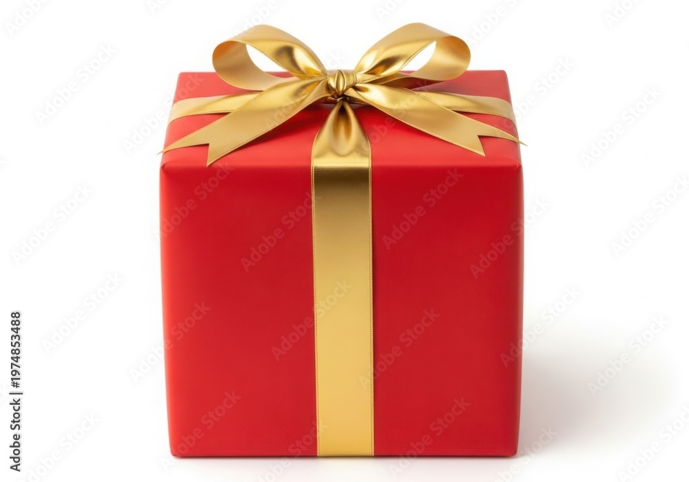 Fototapeta premium Elegant red gift box tied with golden ribbon and bow