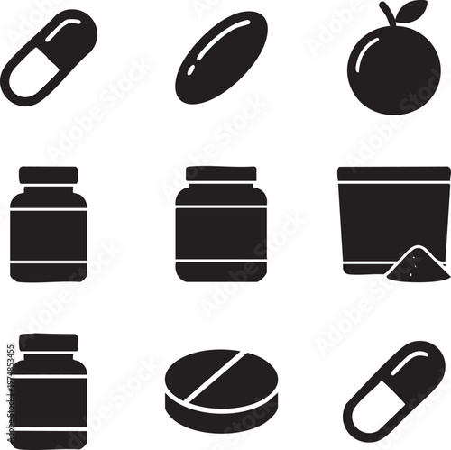 Essential health and wellness icons a collection of pills, supplements, and nutritional products for daily well-being