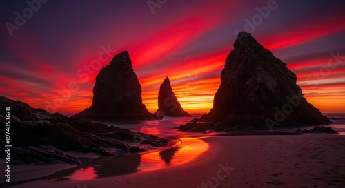 Dramatic sunset sky ablaze with fiery red and magenta streaks over a coastal landscape with sea stacks and water reflections