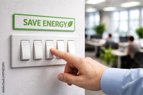 Hand turning on light switch in modern office environment