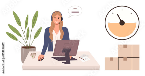 Customer service, delivery management, online business, logistics, time tracking, e-commerce. Woman wearing headset at desk near clock and shipping boxes. Customer service and logistics