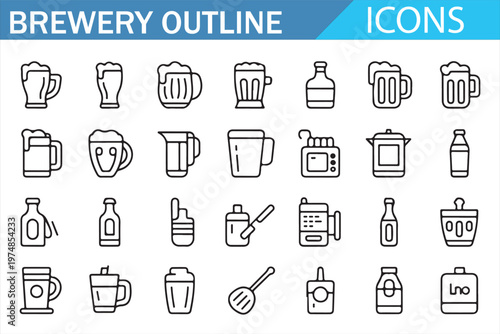 Beer brewing icons pack outline vector set with bottles glasses and fermentation tools