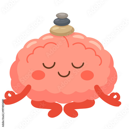 Cartoon Illustration of Peaceful Zen Brain Character Meditating with Stacked Stones