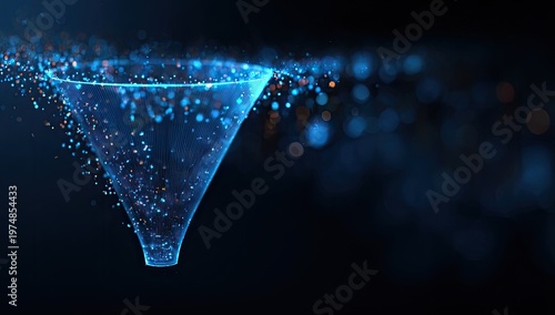 Glowing particles flowing into a transparent funnel, abstract technology concept