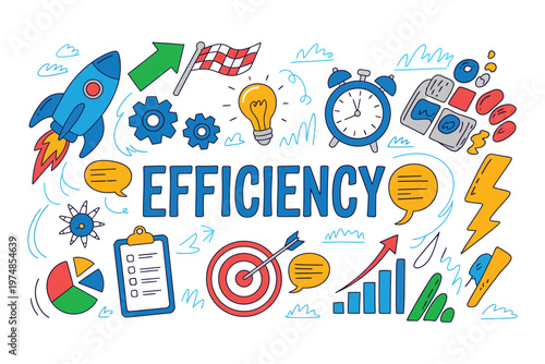 Efficiency and performance concept illustration, vector design featuring gears, rocket, graphs and timer for workflow optimization and business growth.