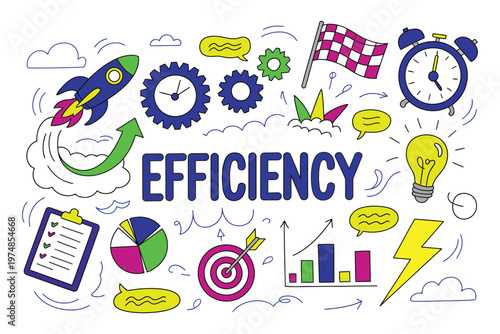 Efficiency and performance concept illustration, vector design featuring gears, rocket, graphs and timer for workflow optimization and business growth.