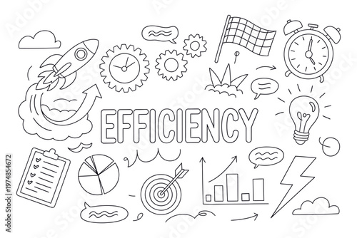 Efficiency and performance concept illustration, vector design featuring gears, rocket, graphs and timer for workflow optimization and business growth.