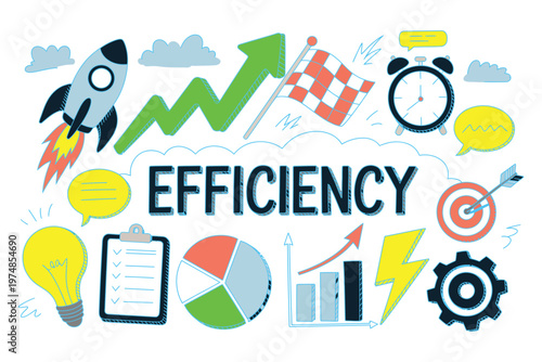Efficiency and performance concept illustration, vector design featuring gears, rocket, graphs and timer for workflow optimization and business growth.