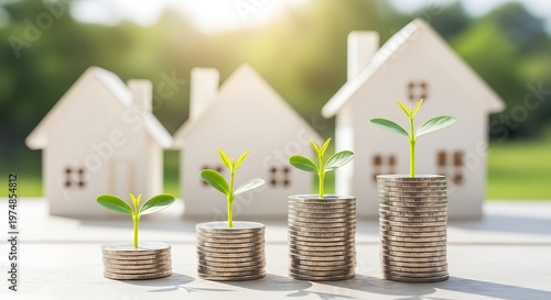 Stacks of coins with growing plants and model houses in background symbolizing financial growth and real estate investment