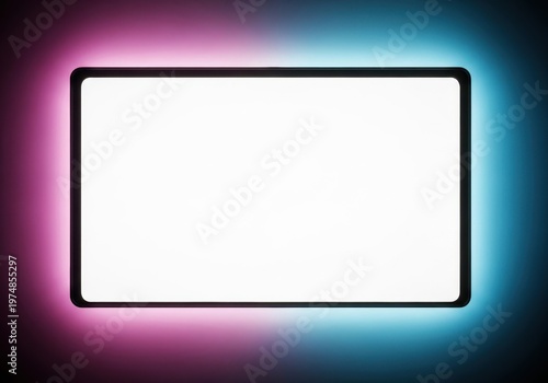 A blank, brightly illuminated, smooth rectangular display screen waiting for content or data input. Perfect clean slate background, clarity, minimal, future