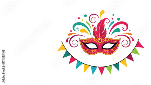 Colorful masquerade mask with feathers and festive bunting flags for carnival celebration isolated on white background.