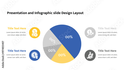 Business slide showing a pie chart representing financial data distribution with surrounding icon descriptions