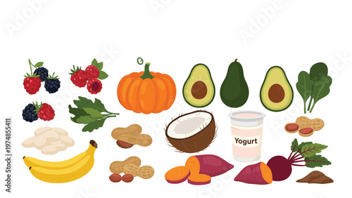 Variety of healthy food items including pumpkin, avocado, berries, banana, yogurt, and nuts isolated on white background.
