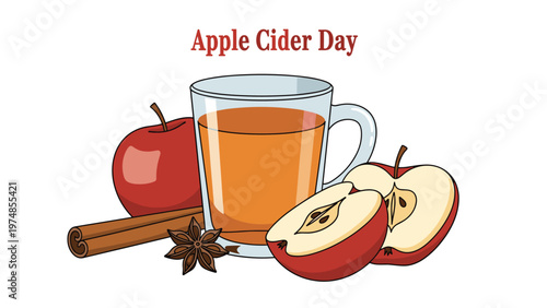 Apple cider day banner featuring a mug of hot drink with fresh apples, cinnamon sticks, and star anise on white.