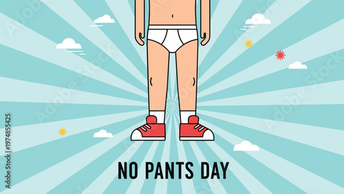 Humorous no pants day illustration featuring a person in underwear and red sneakers against a sunburst background.