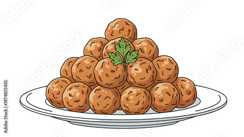 Large pyramid of cooked meatballs served on a white ceramic plate with a sprig of parsley on white background.